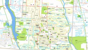 Detailed street and park map of a suburban area showing roads, waterways, green parks, and neighborhood blocks with markers for points of interest.